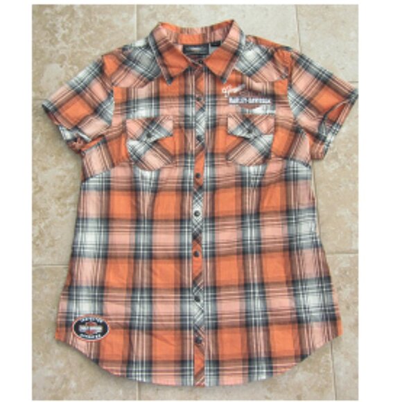Harley Davidson Orange & Black Plaid Rhinestone Bling Button Up Shirt Medium - Picture 2 of 6